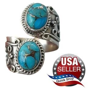 Adjustable Faux Turquoise Bohemian Wrap Ring • Intricate Carving • Silver Plated